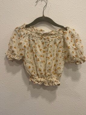 Floral Off-Shoulder Puff Sleeve Crop Top - Cream with Yellow Floral